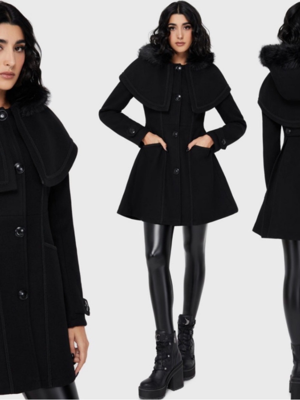 Kill Star Women's Black Wool Blend Coat with Faux Fur Collar XXL